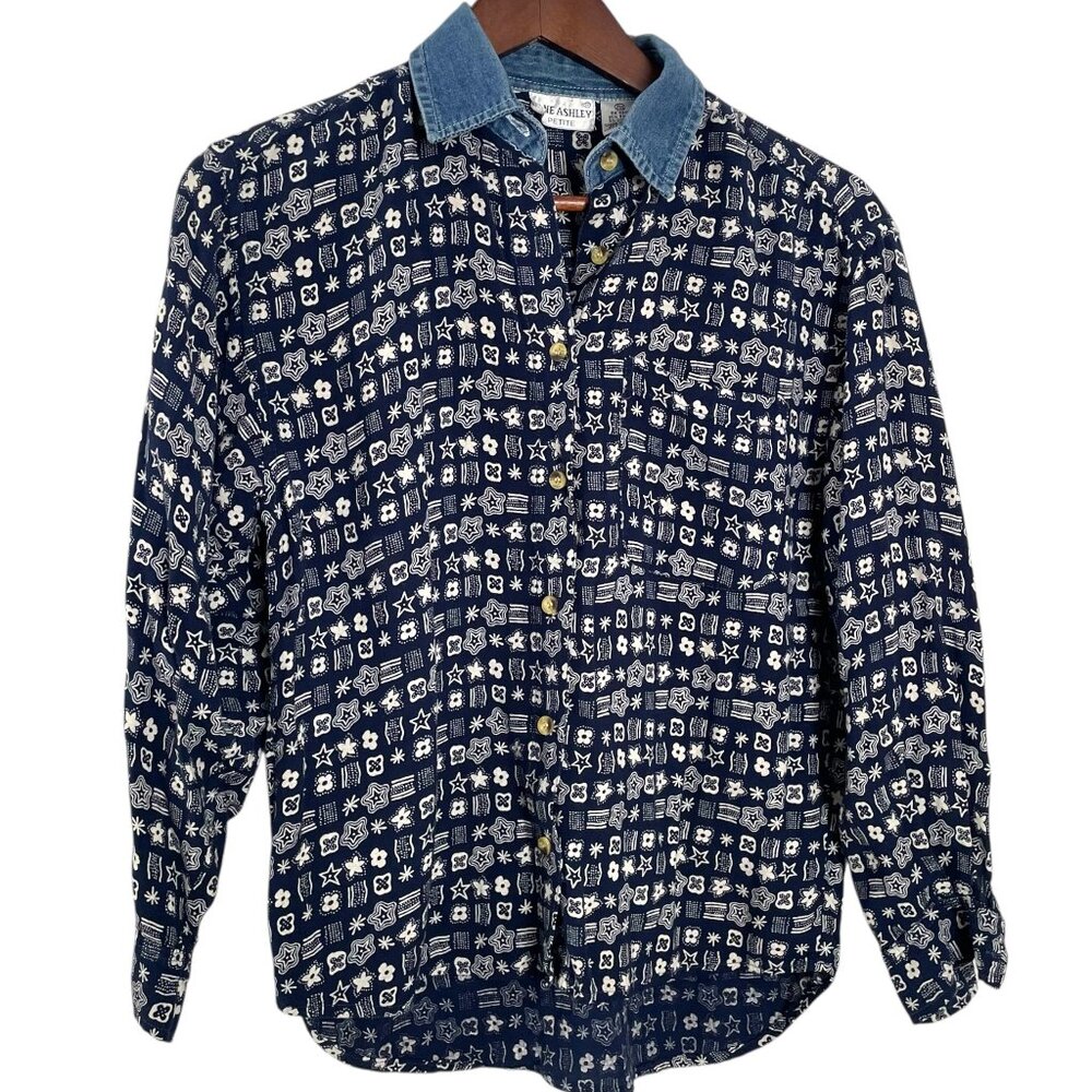 Vintage 90s Floral Bandana Print Button Down Shirt PM Blue Denim Collar Western